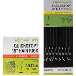 Korum 15" Big Fish Hair Rigs W/Quickstops Sz12 Barbed 10lb